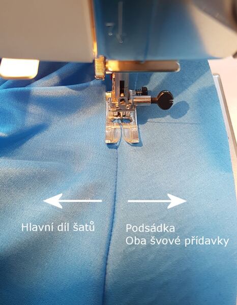 Podsádku s přídavky prošijte rovným stehem cca 5 mm od švu střih na šaty, jednoduché letní šaty, šaty z pravého hedvábí